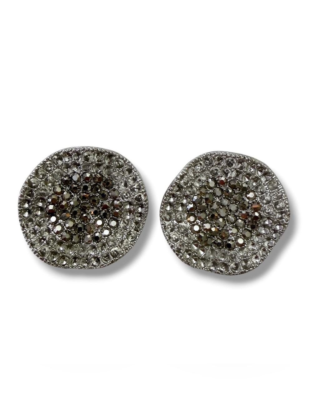 Vintage Marcasite Rhinestone Wavy Ripple Round Clip On Earrings Silvertone